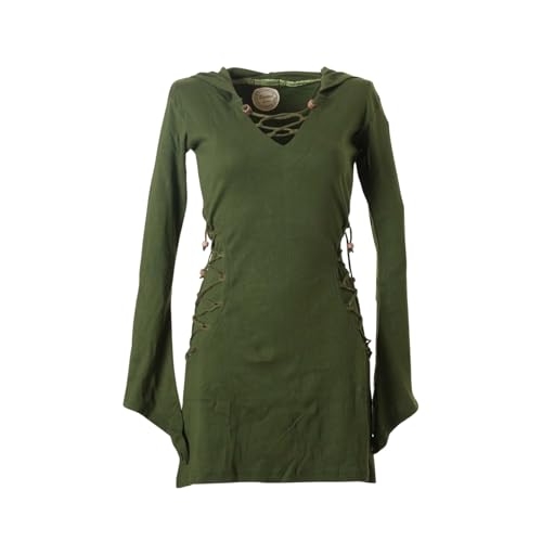 Vishes Elfenkleid mit Zipfelkapuze & Schnürbändern in Olive | Größe XS (36-38) | Handgefertigt aus 100% Baumwolle |...