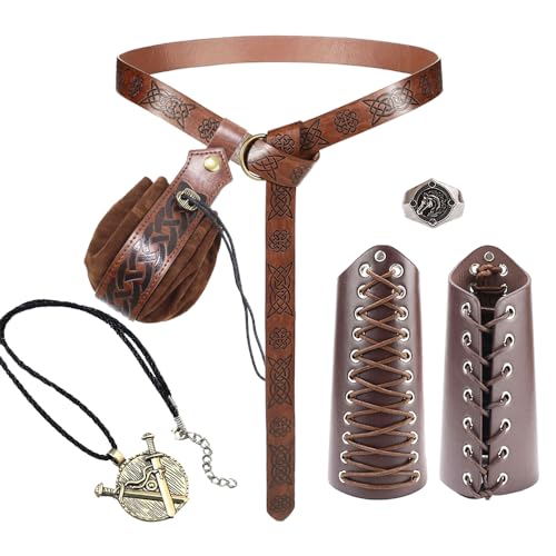 Vercico 6PCS Mittelalter Kleidung für Damen Herren Accessoires Set, Wikinger Gürtel Lederbeutel Armschienen Vintage...