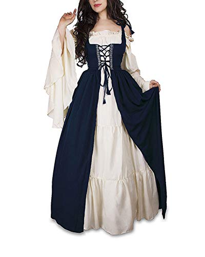 Guiran Damen Mittelalterliche Kleid mit Trompetenärmel Mittelalter Party Kostüm Maxikleid Blau S