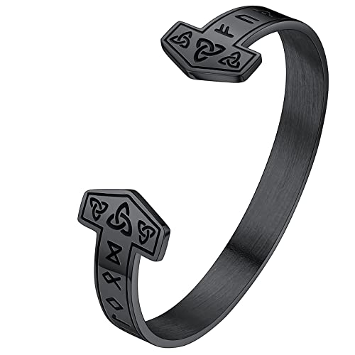 FaithHeart Schwarz Rune Armreif für Herren Jungen Punk Gotik Wikinger Mjölnir Armband Offener 15mm Rune Armband mit...