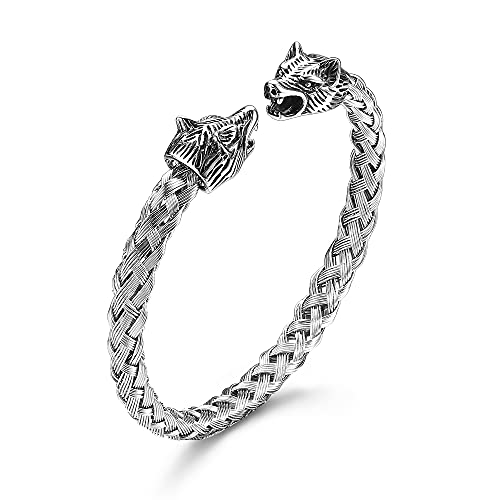 KALVICA 7mm Edelstahl Wolfskopf Armband Herren Manner Dopplte Wolf Köpfe Geflochten Armband Armreife Farbe Silber...