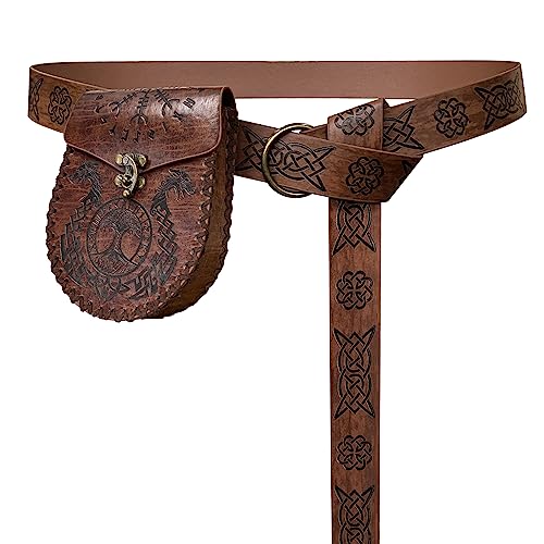 HiiFeuer Mittelalter Geprägter O-Ring Gürtel mit Nordisch Geprägter Gürteltasche, Vintage Kunstleder Gürtel und...