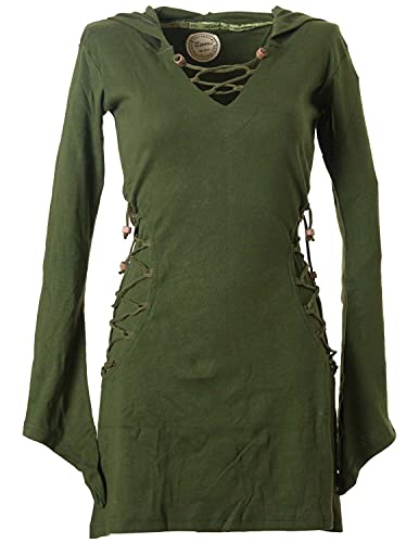 Vishes - Alternative Bekleidung - Elfenkleid mit Zipfelkapuze und Bändern zum Schnüren Olive 36-38