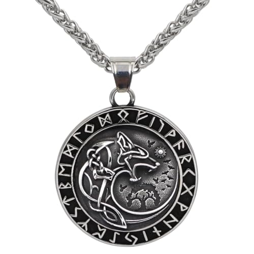 ZFSBRTL Wikinger Odin Wolf Fenrir Anhänger Halskette, Herren Gold&Silber Edelstahl Nordischen Mythologie Amulett...