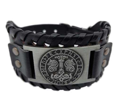 AB Viking Crafts Vikings Wikinger Armband Thors Hammer Mjölnir mit Odins Wölfen im Runenkreis Leder Metall schwarz...