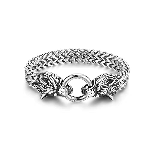 Zysta Herren Armband Wikinger Armband Dopplt Wolfskopf Edelstahl Armkette Wikinger Gotik Biker Armreif für Männer Papa...