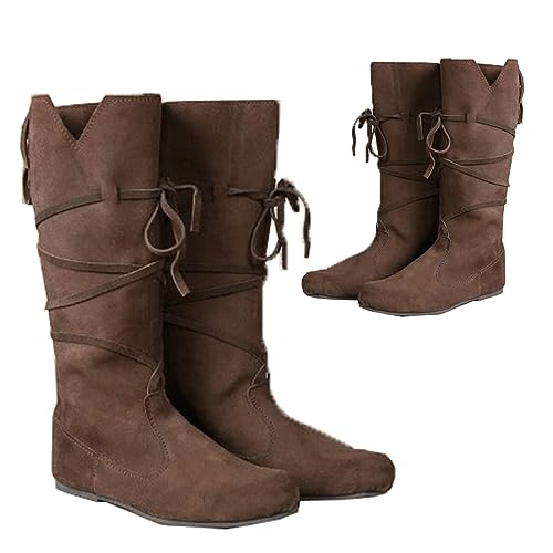 SIULAS PU Leder Stiefel - Low Heel Mid Tube Ritter - Renaissance Mittelalter Cosplay für Karneval Party, Braun, 44