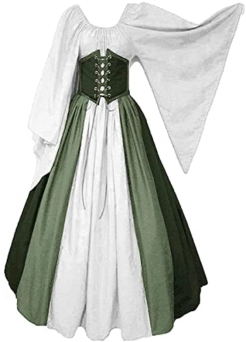 Aibaowedding Damen Renaissance Mittelalter Kostüme Kleid Trompetenärmel Gothic Retro Kleid(grün,S)