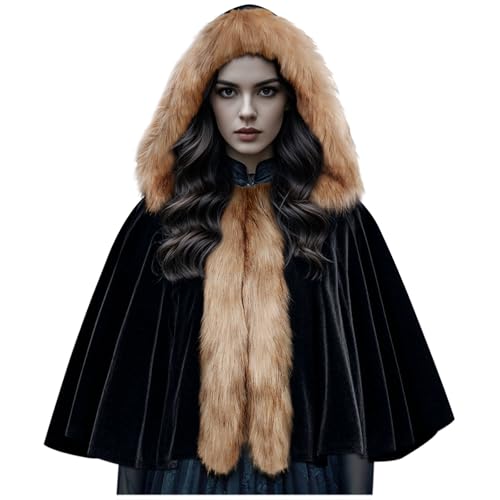 keland Kapuzenumhang Mittelalter Kapuze Gugel mit Wikinger Fellkragen für Damen (Schwarz)