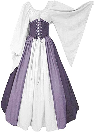 Aibaowedding Damen Renaissance Mittelalter Kostüme Kleid Trompetenärmel Gothic Retro Kleid(lila,XL)