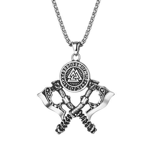 JewelryWe Wikinger Axt Halskette Herren: Edelstahl Valknut Rune Doppelaxt Anhänger Kette Nordische Mythologie Odin...