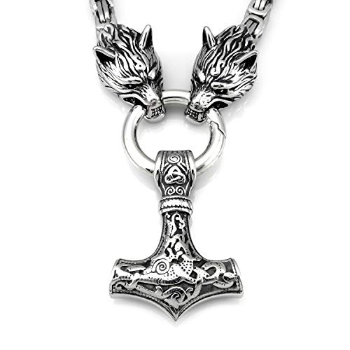Massive Edelstahl Wikinger Halskette Mjölnir mit Fenris Wolf - Silber