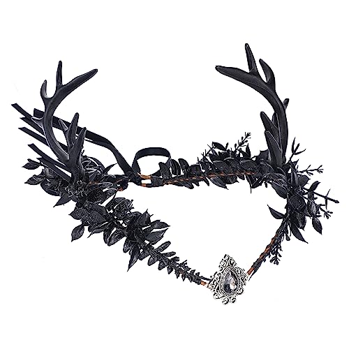 MOSTORY Handgefertigte Gothic-Elfenkrone mit Hirschhörnern, schwarze Fee, Blume, Kopfschmuck, mittelalterliches Geweih,...