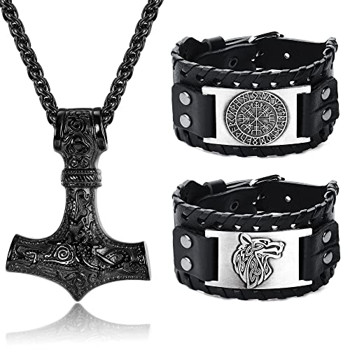 Adramata Wikinger Halskette Wikinger Armbänder für Herren Amulett Schmuck Thors Hammer Halskette Nordisches Vegvisir...