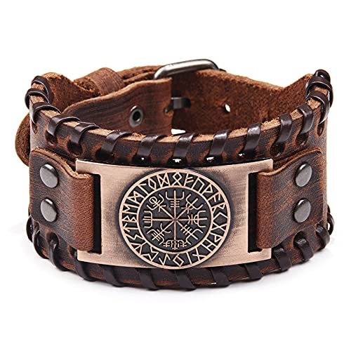Braunes Wikingerarmband – verstellbare Manschette, Armreif mit Vegvísir-Kompass, nordisches Amulett –...