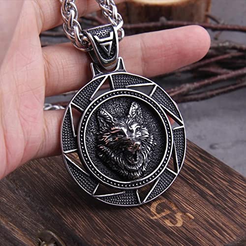 LIKEDA Handgemachte Hexer Medaillon Wolf Halskette, Oxidierte Edelstahl Münzenhalskette für Männer, Wikinger...