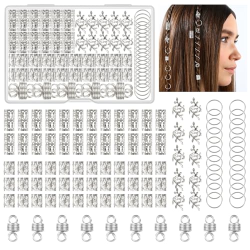 Kieswan 100 Stück Dreadlocks Schmuck Wikinger Haarschmuck Silber, Metall Haarringe für Zöpfe, Verstellbar Cuffs...