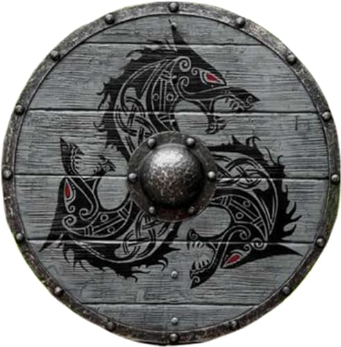 EXNOT Wikinger Schild Mittelalter Fenrir Grau Wolf Schild Authentic Bettleworn Viking Battle Ready Shield Handmade...