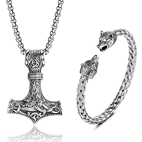 JeweBella Thors Hammer Halskette Wikinger Wolfskopf Armbänder Set für Herren Männer Mjolnir Edelstahl Halskette...