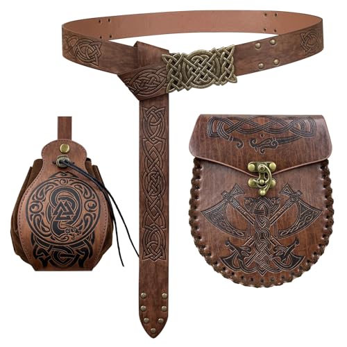 EpicCos 3PCs Mittelalterliche geprägte Gürteltasche Set, Wikinger Schnalle Gürtel Portable Seite Tasche, Kunstleder...